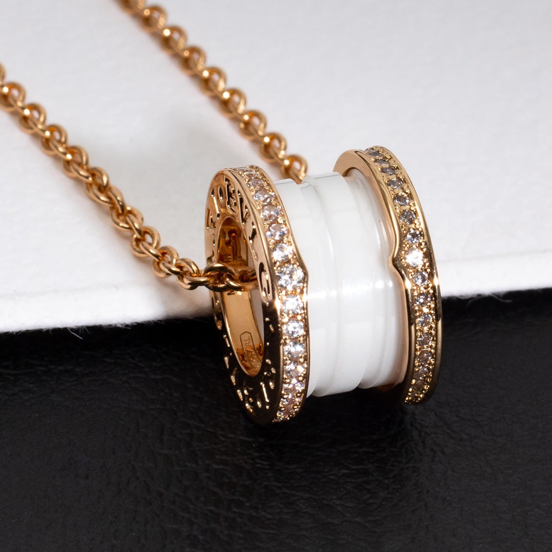 [Lira Jewelry]ZERO 1 WHITE CERAMIC PINK GOLD DIAMOND NECKLACE
