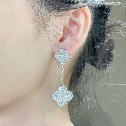 [Lira Jewelry]CLOVER 2 MOTIFS DIAMOND PAVED SILVER EARRINGS
