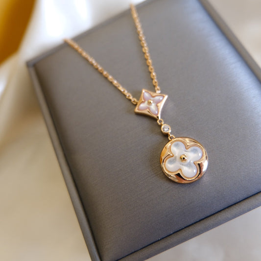 [Lira Jewelry]STAR AND SUN WHITE MOP 2 MOTIF PINK GOLD NECKLACE