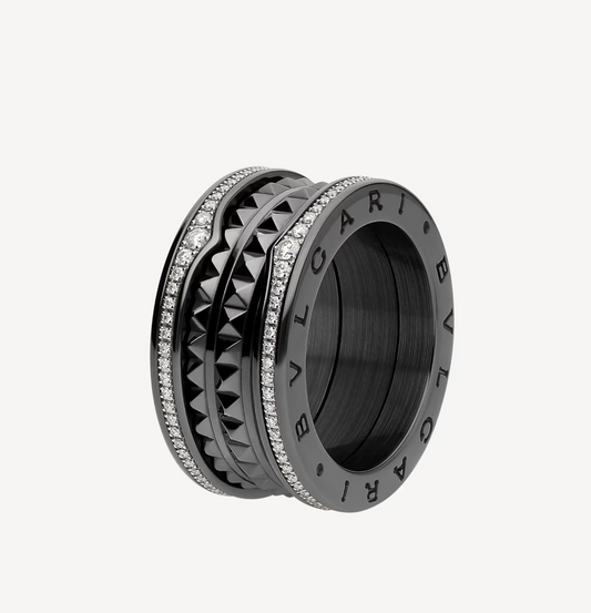 [Lira Jewelry]ZERO 1 ROCK FOUR-BAND BLACK CERAMIC WITH STUDDED SPIRAL AND PAVED DIAMONDS RING