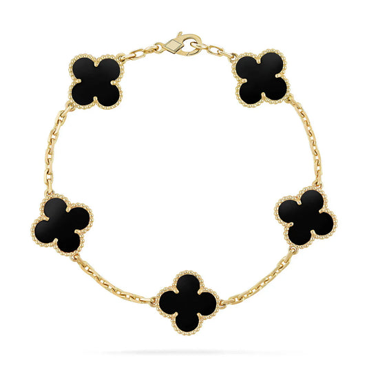 [Lira Jewelry]FIVE MOTIF FOUR-LEAF CLOVER BLACK ONYX 18K SOLID GOLD BRACELET (40% DEPOSIT)