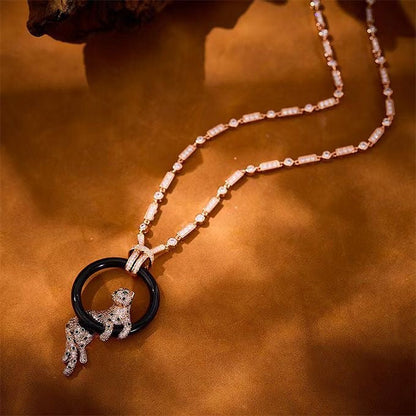 [Lira Jewelry jewelrys]NEW BLACK CIRCLE PANTHER FULL DIAMOND NECKLACE