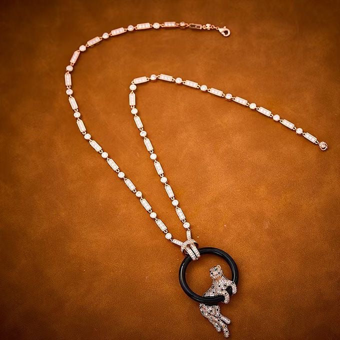 [Lira Jewelry jewelrys]NEW BLACK CIRCLE PANTHER FULL DIAMOND NECKLACE