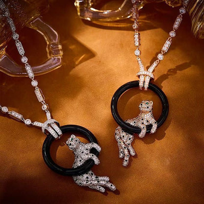 [Lira Jewelry jewelrys]NEW BLACK CIRCLE PANTHER FULL DIAMOND NECKLACE