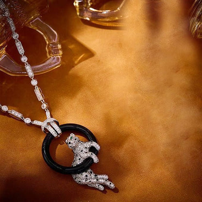 [Lira Jewelry jewelrys]NEW BLACK CIRCLE PANTHER FULL DIAMOND NECKLACE