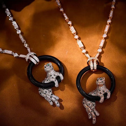 [Lira Jewelry jewelrys]NEW BLACK CIRCLE PANTHER FULL DIAMOND NECKLACE