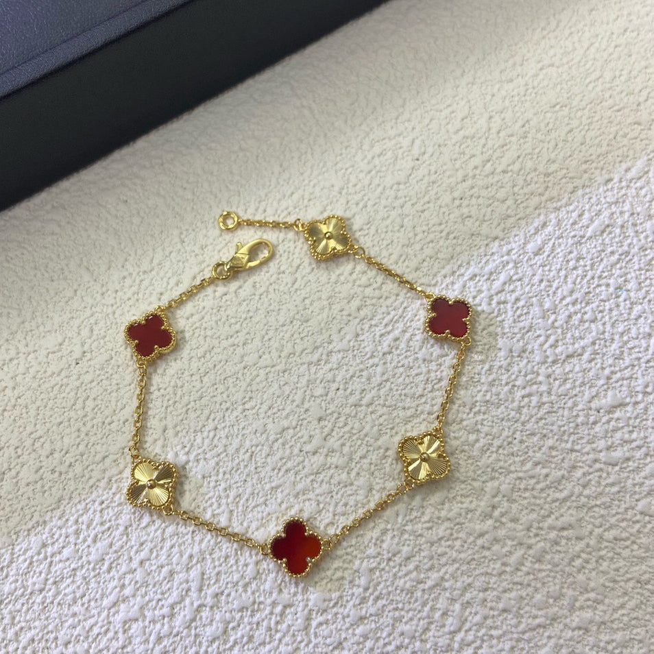 [Lira Jewelry]CLOVER 6 MOTIF RED AGATE LASER BRACELET